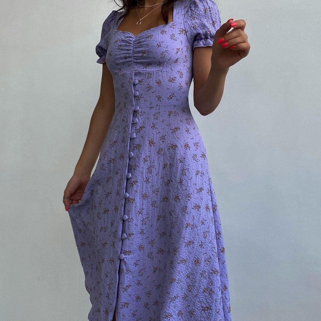Floral Short Sleeve Square Collar Long Dress