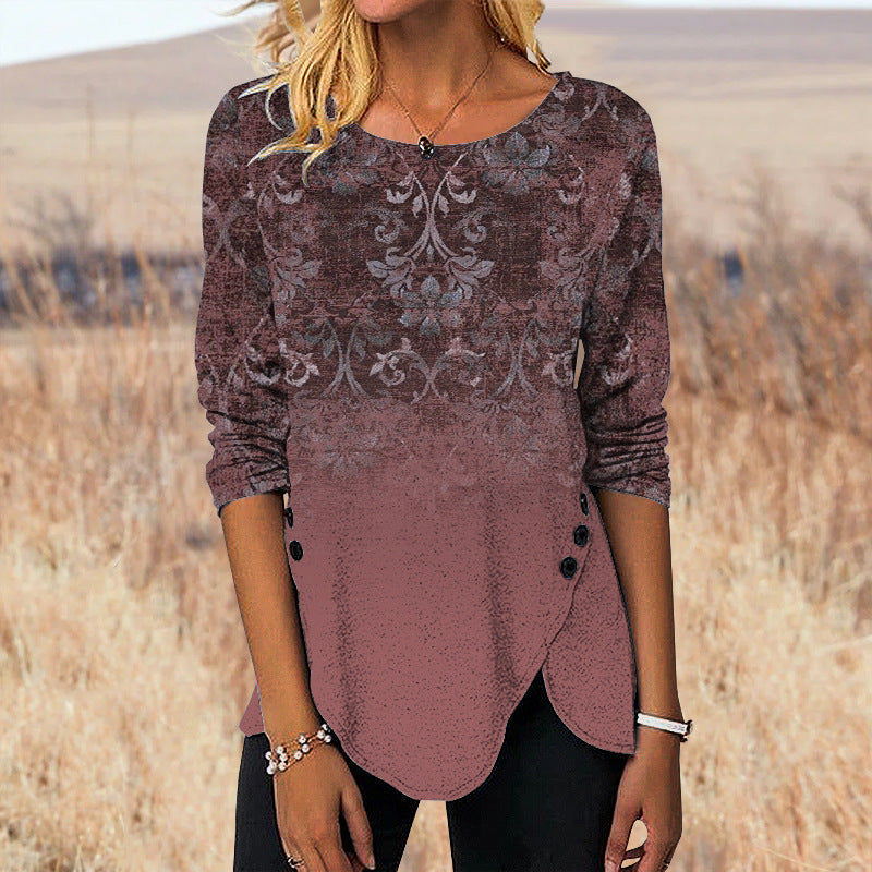 3D Digital Retro Printed Button Irregular Hem Round Neck Long Sleeve