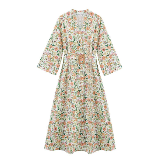 Fashionable and casual V-neck printed MIDI dress for women