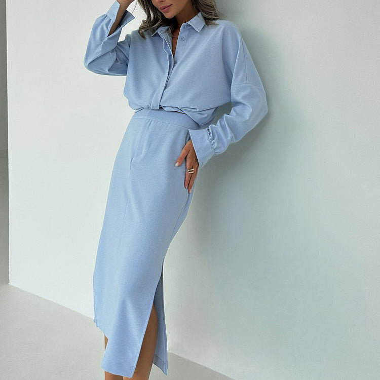 Cotton Lapel Long Sleeve Cardigan Top Split Skirt Commuting Suit