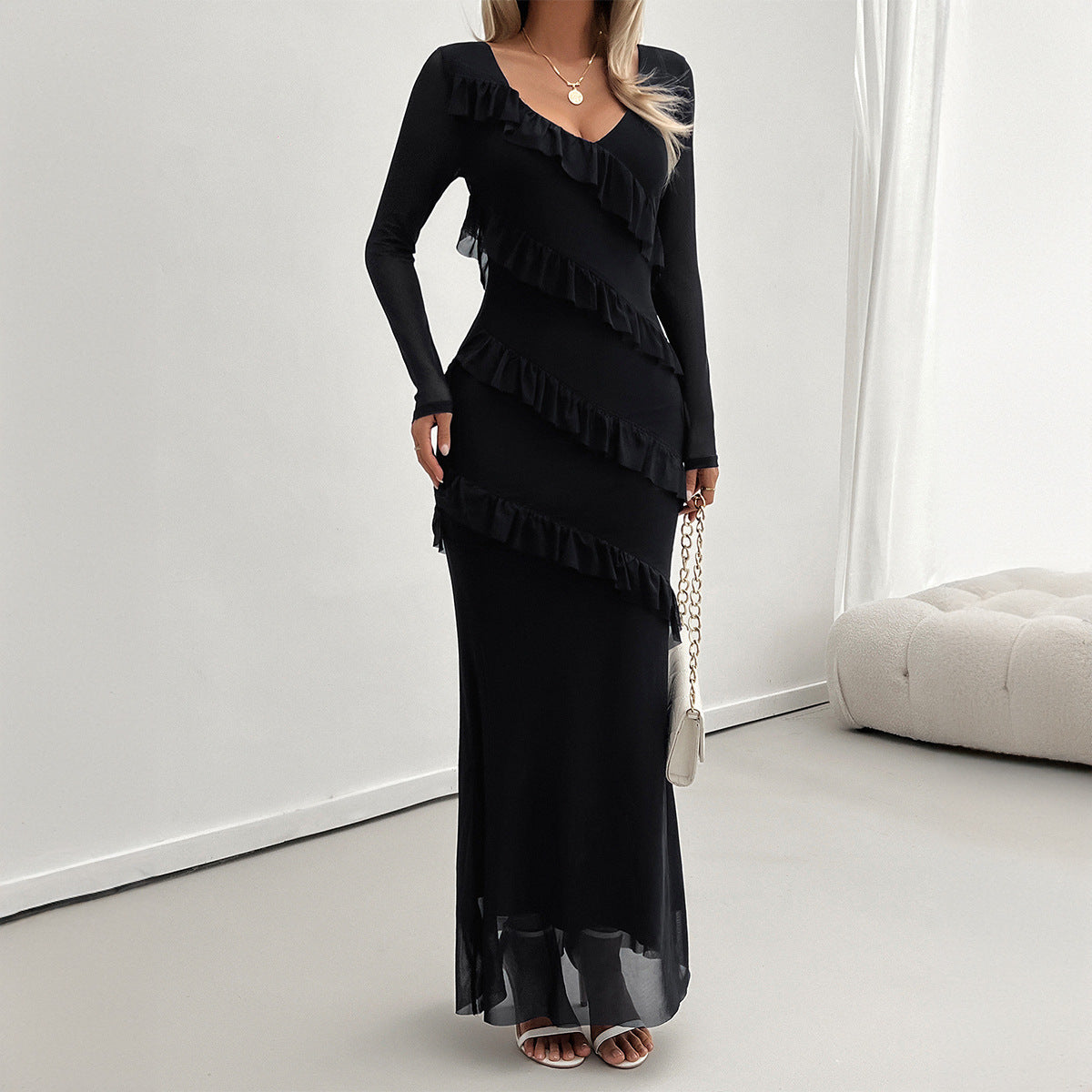 Women's Elegant Slim Fit Mesh V-neck Dress