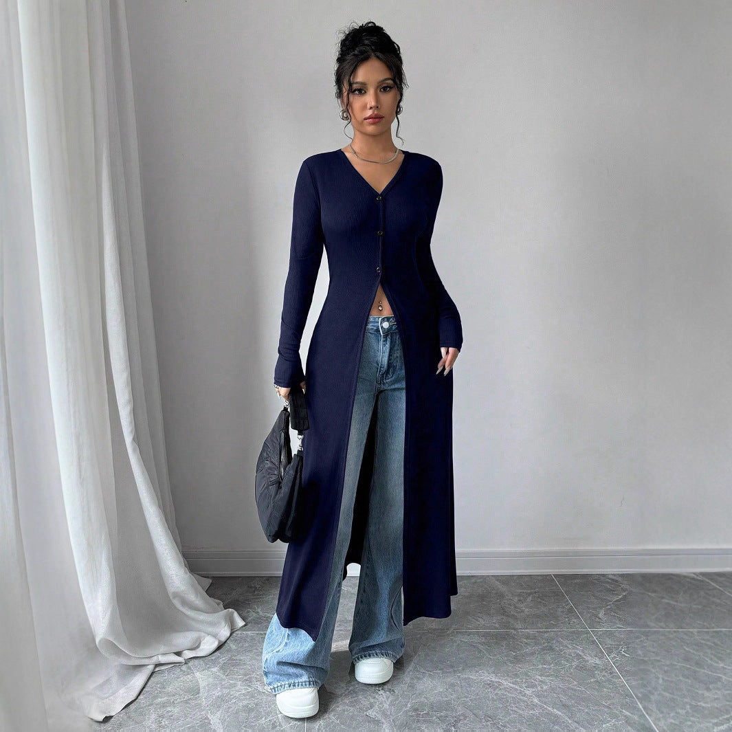 European And American Solid Color Long Button Cardigan Slim Fit Slimming Top Women