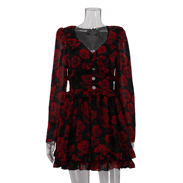Printed V-neck Long Sleeve Temperament Dress