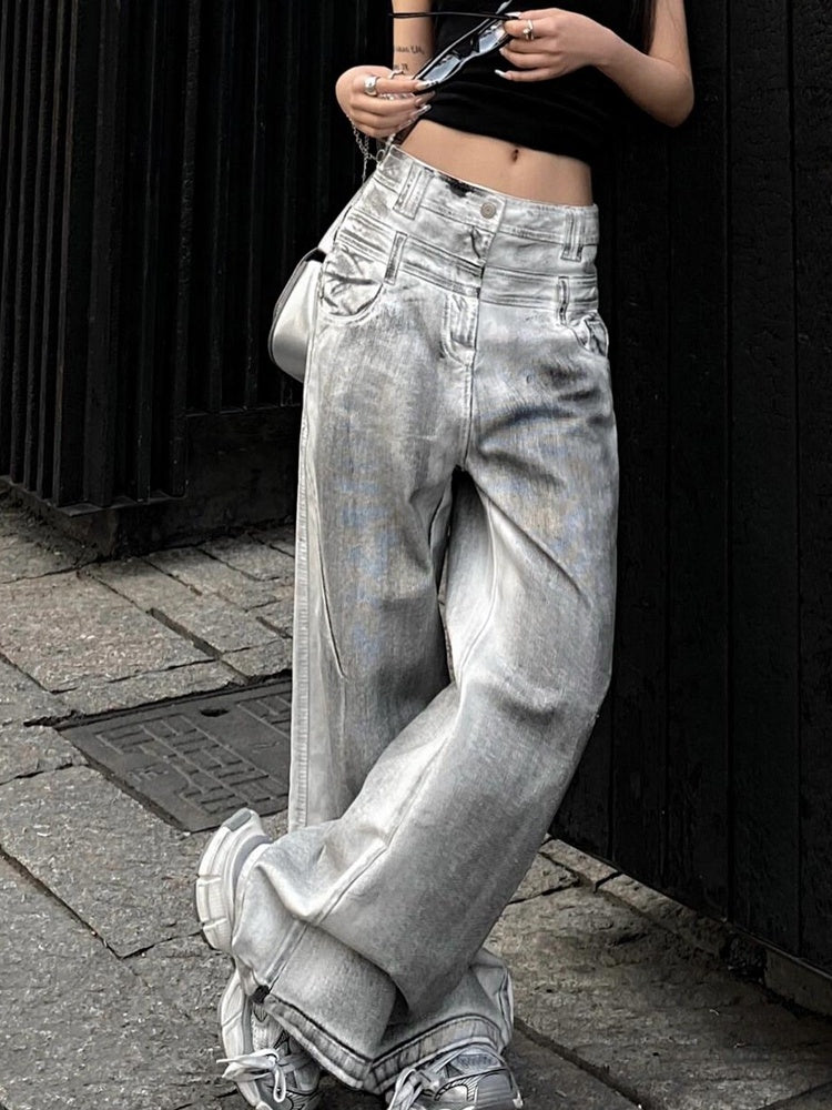 Women's Retro Straight Jeans With Old And Dirty Design