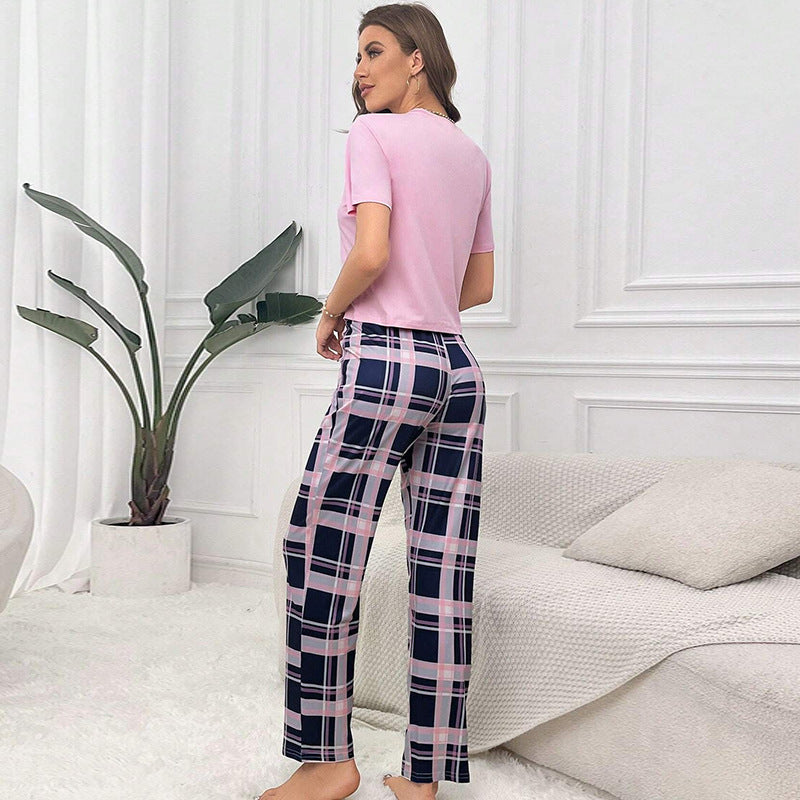 Short Sleeve Plaid Cropped Pants Casual