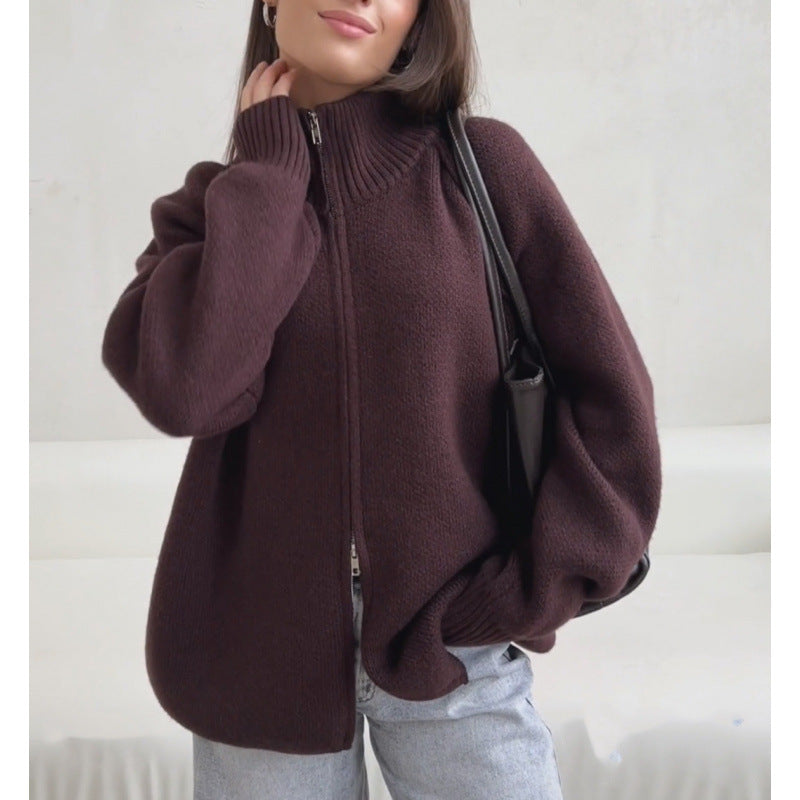 Solid Color Stand Collar Knitted Cardigan Women's Top