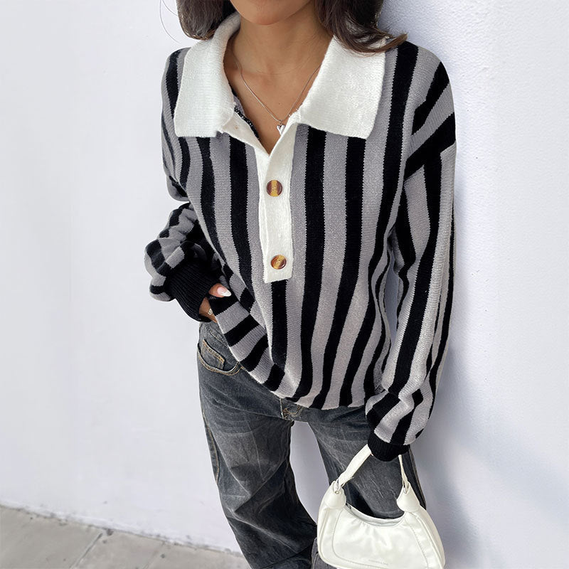 Autumn And Winter Unisex Style Vertical Stripes Lapel Knitted Pullover Sweater Women