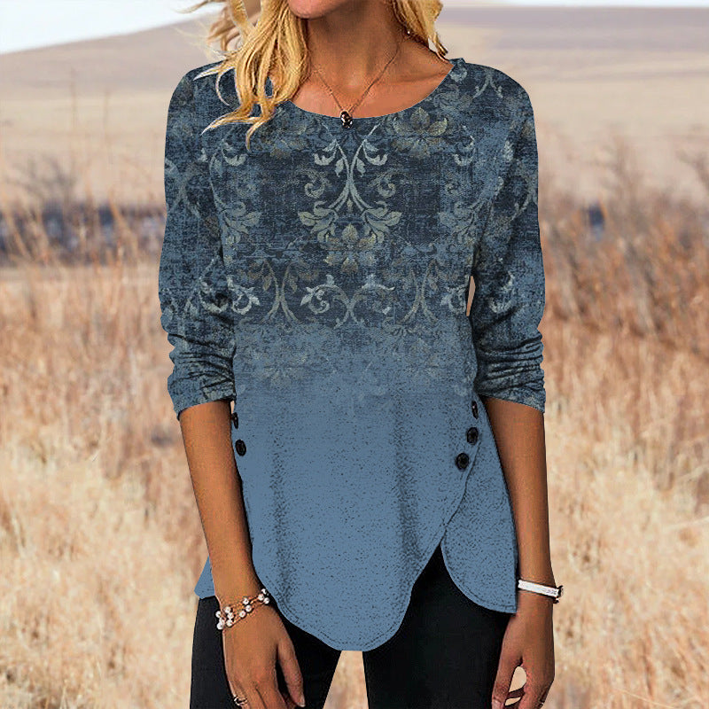 3D Digital Retro Printed Button Irregular Hem Round Neck Long Sleeve
