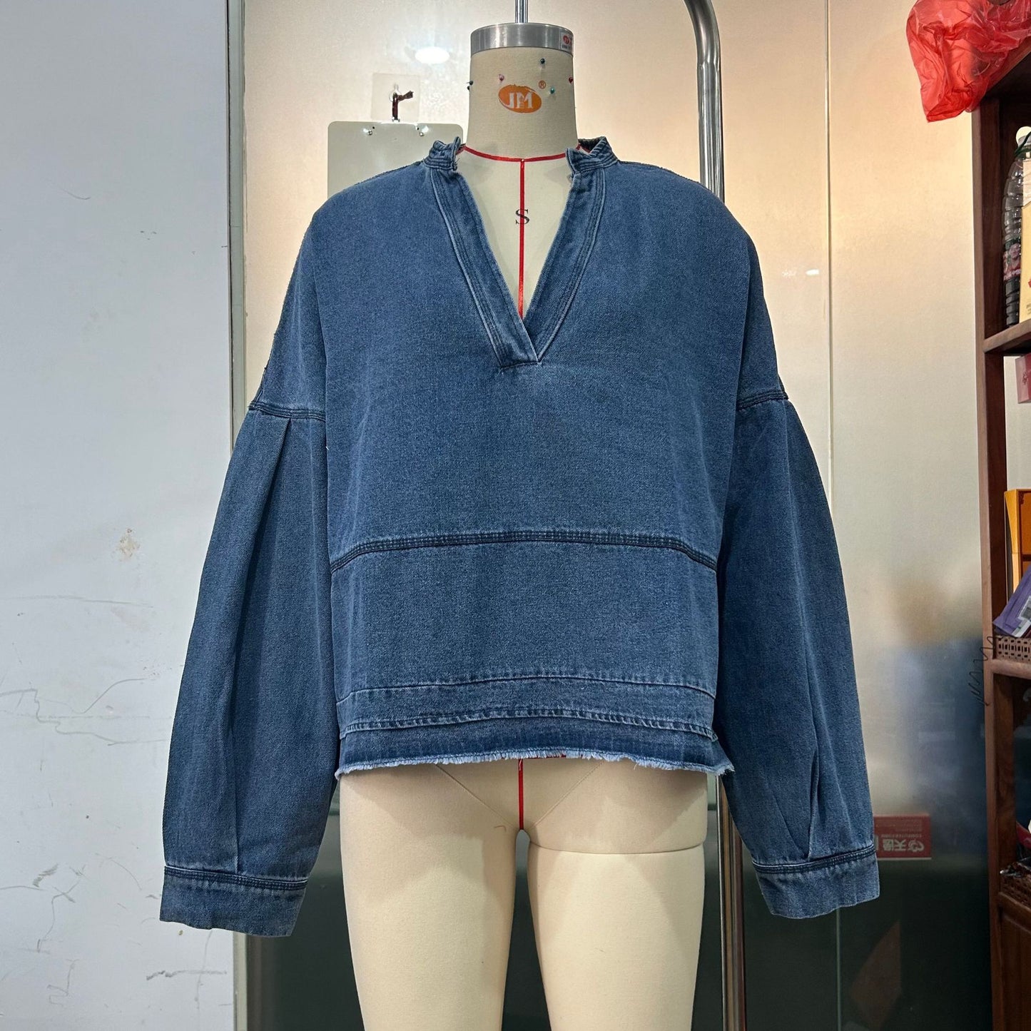 New V-neck Long Sleeve Loose Stitching Denim Long Sleeve Loose All-matching Top