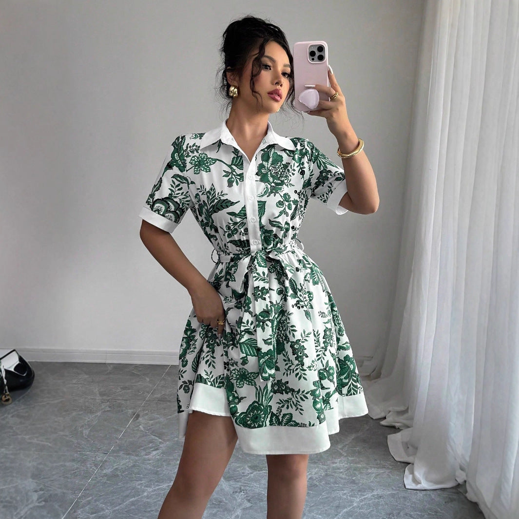 Simplicity Waist-controlled Printed Lace Up Short Sleeve Dress