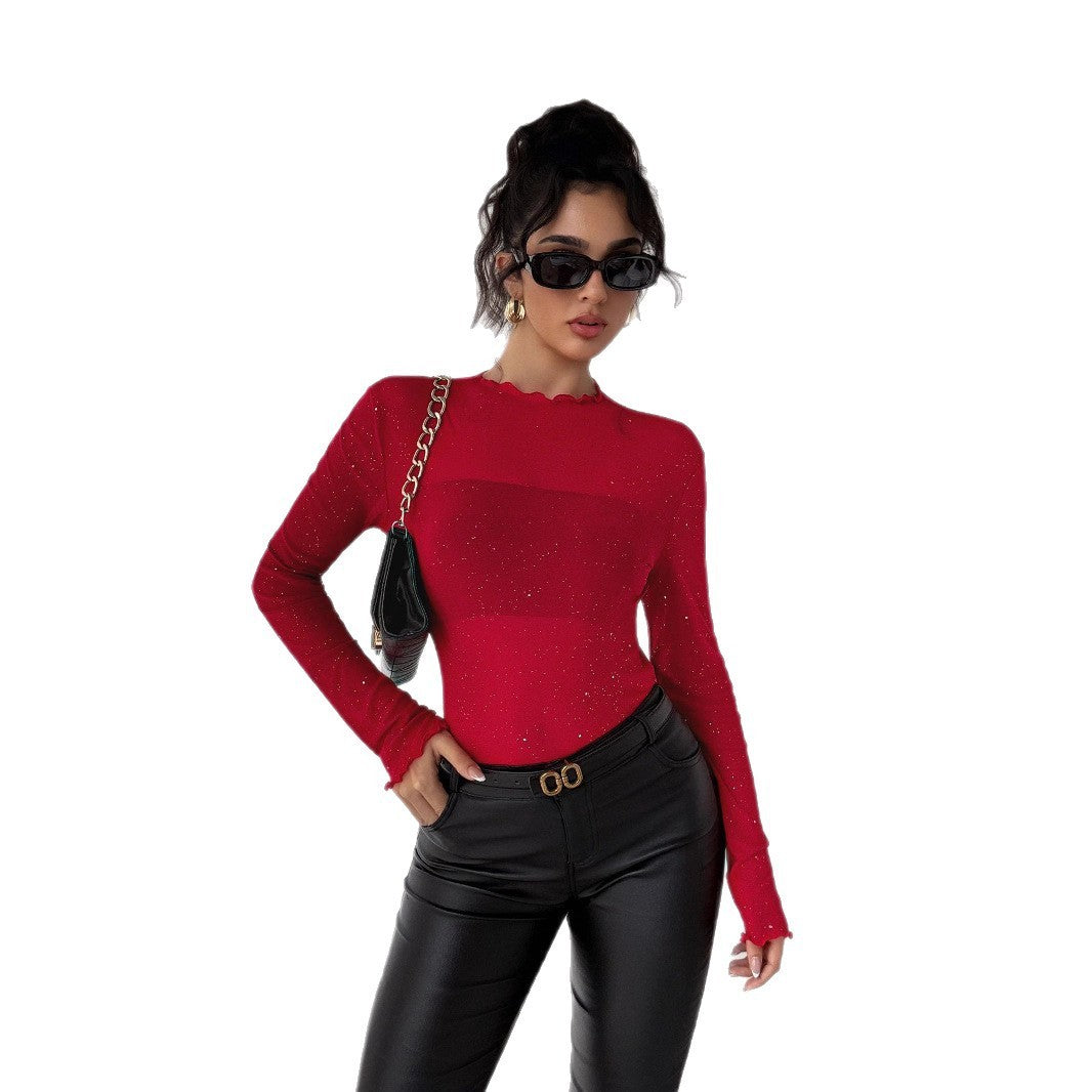 European And American Sequined Top Women's Slim-fit Long-sleeved Shiny Bling Commuter Top