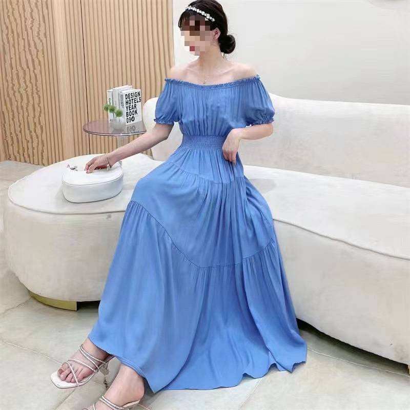 Solid Color Wide Hem Cotton Silk Vacation Style Long Bohemian Dress