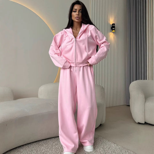 European And American Solid Color Long Sleeve Zipper Cardigan Hoodie Lace-up Trousers Two-piece Set