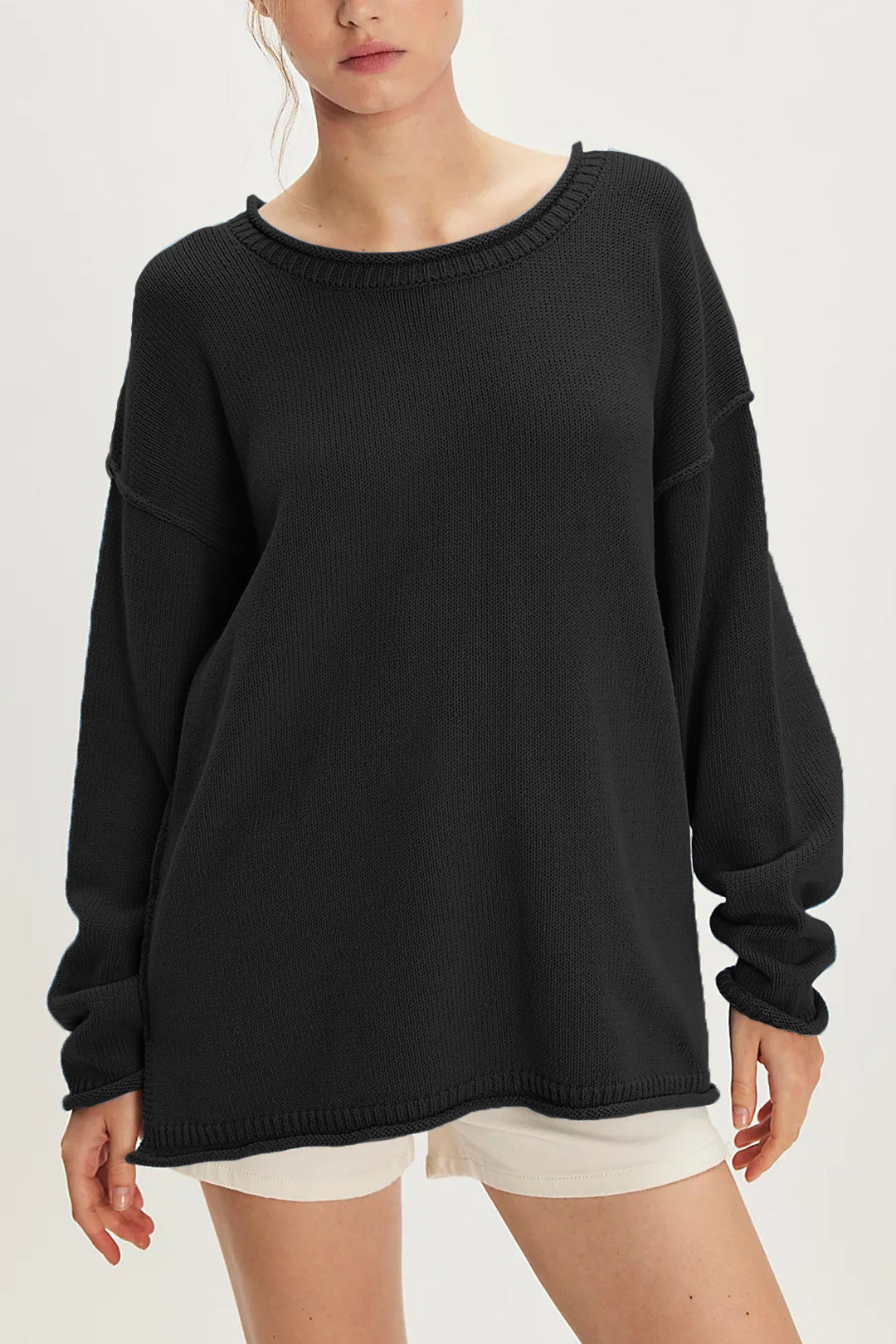 Solid Color Round Neck Loose Versatile Basic Pullover Sweater