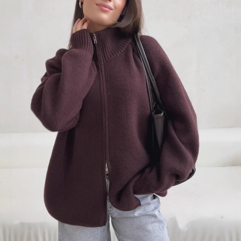 Solid Color Stand Collar Knitted Cardigan Women's Top