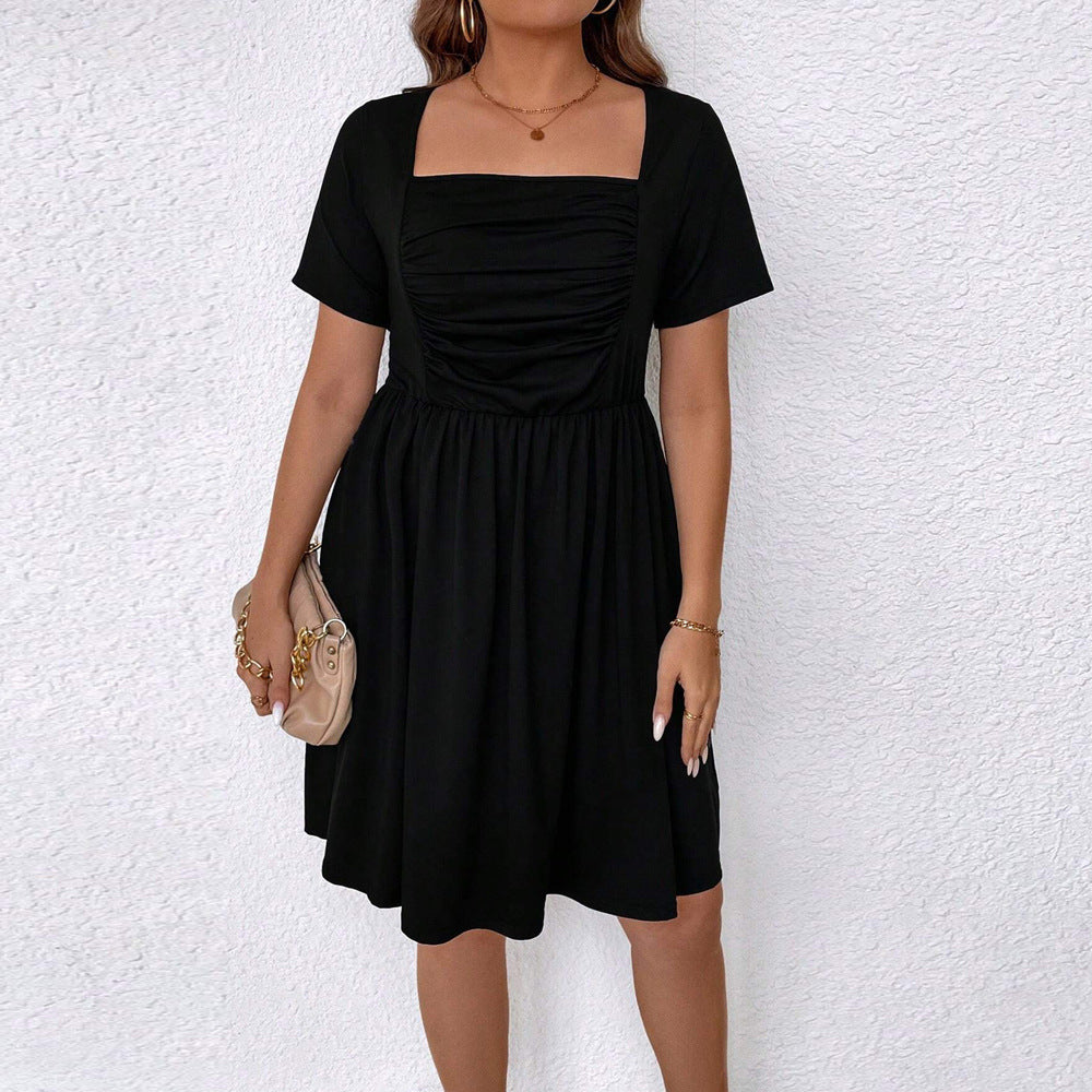 Plus Size Women's Clothing Square-neck Cinched Short Sleeve Dress