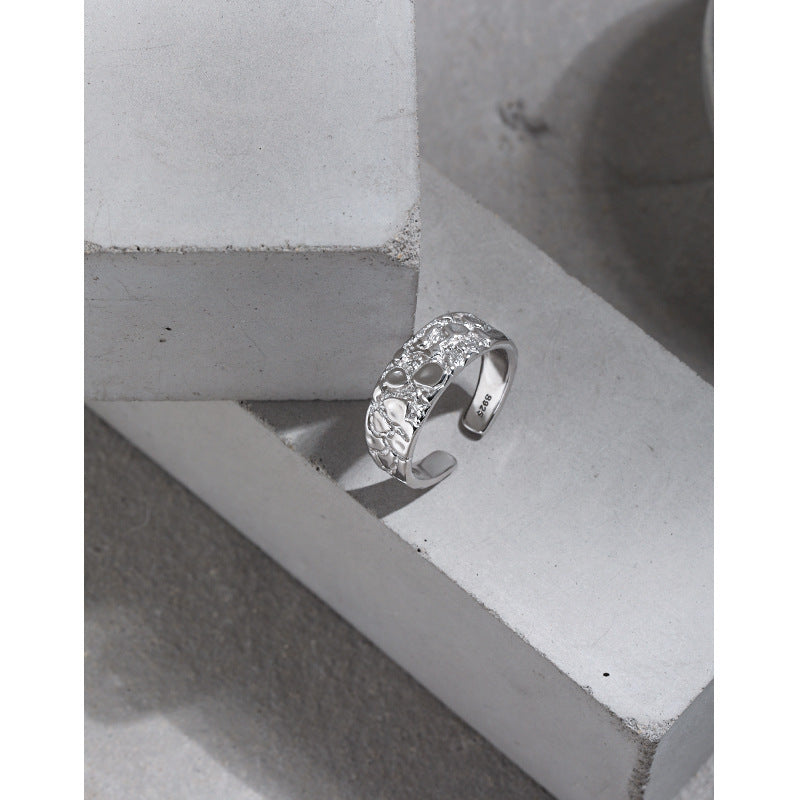 All-match Hammered Texture S925 Openning Silver Ring Female