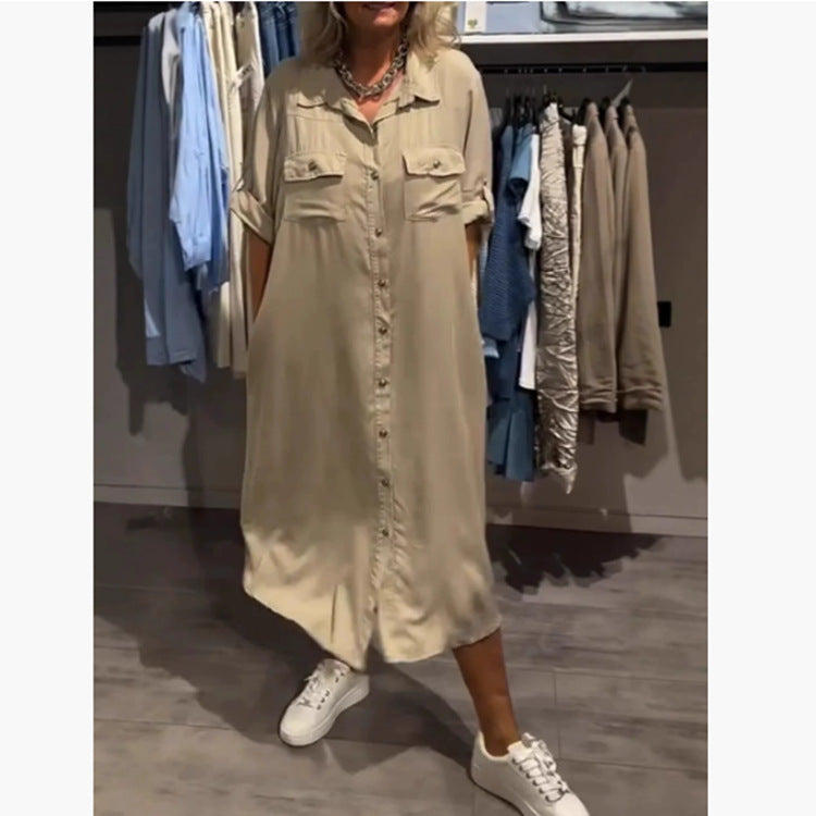 Summer Women's Fashion Casual Single-breasted Short Sleeve Dress