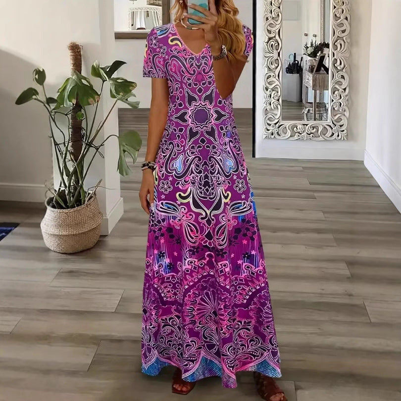 Bohemian Ethnic Style Collar Short Sleeve Women's Long Dress