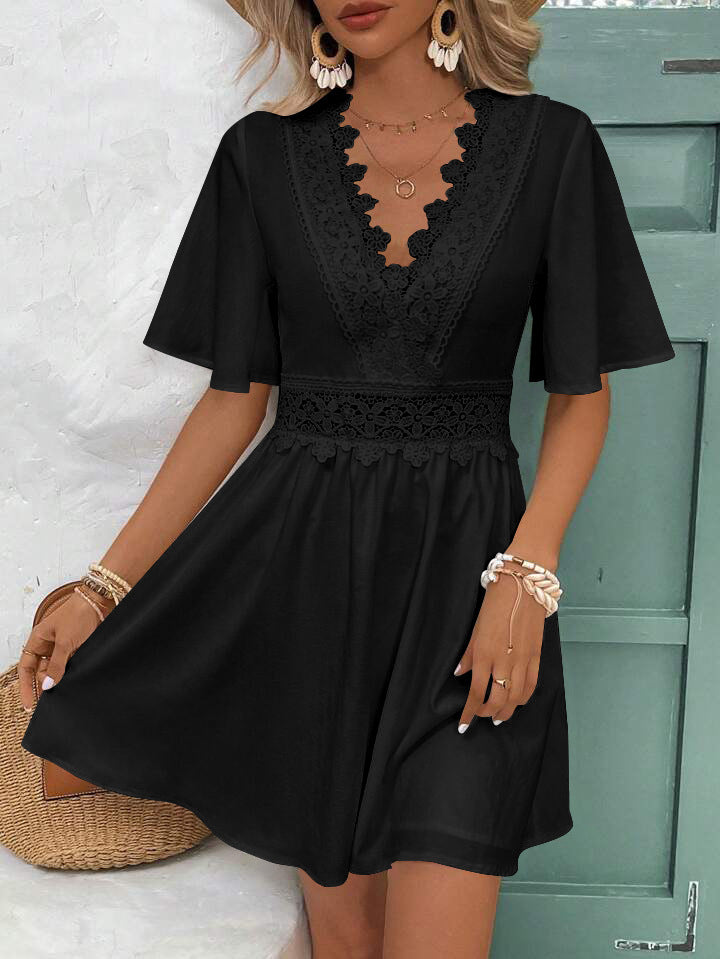 Women's Fashion Lace Splicing Pullover V-neck Short Sleeve Dress