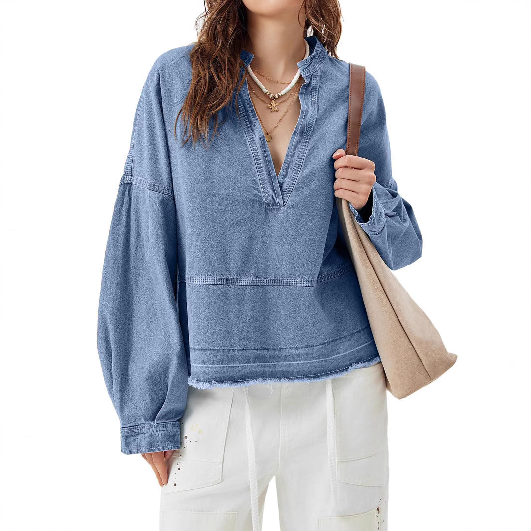 New V-neck Long Sleeve Loose Stitching Denim Long Sleeve Loose All-matching Top