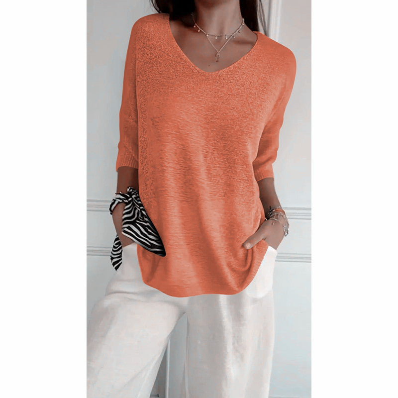 Knitwear Casual Sweater Slimming V-neckline 34 Sleeve Women's Bottoming Shirt