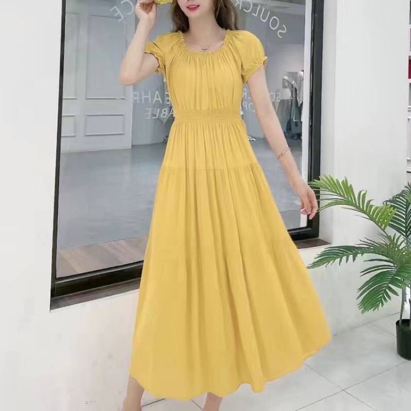 Solid Color Wide Hem Cotton Silk Vacation Style Long Bohemian Dress