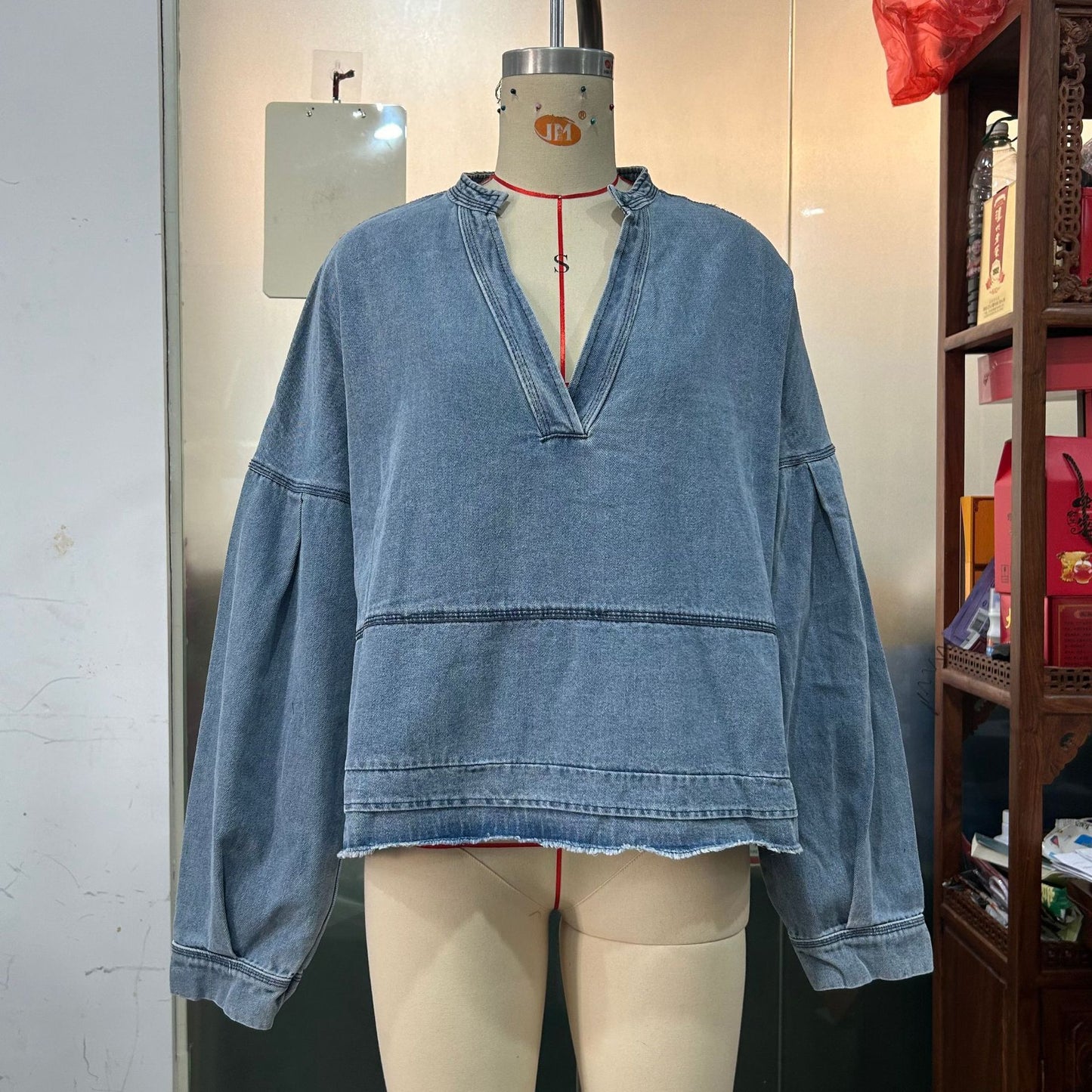 New V-neck Long Sleeve Loose Stitching Denim Long Sleeve Loose All-matching Top