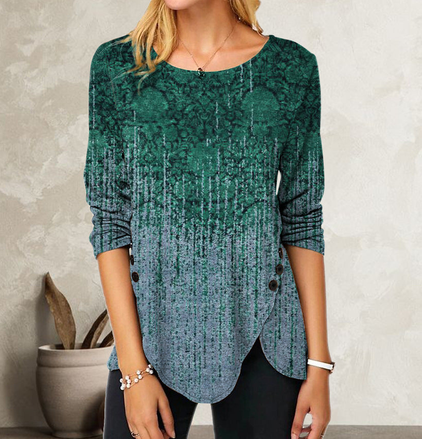 3D Digital Retro Printed Button Irregular Hem Round Neck Long Sleeve