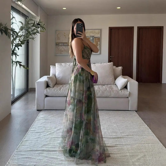 Mesh Printing Slip Dress Holiday Leisure Party