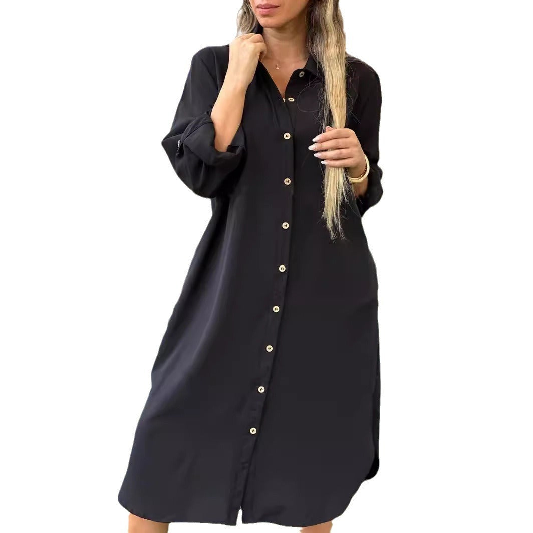 Women's Solid Color Loose Casual Long Sleeves Button Shirt Dress