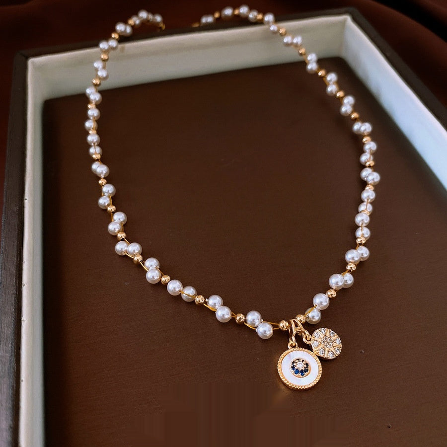 Real Gold Electroplated Zircon Pearl Round Pendant Necklace Light Luxury Clavicle Chain