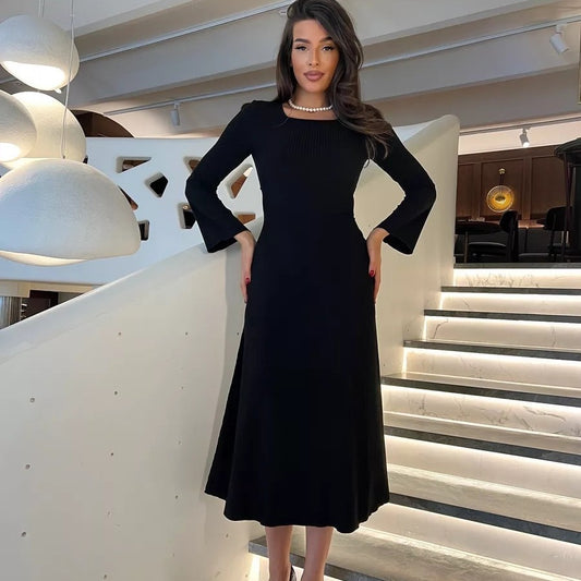 Fashionable Elegant Slim Fit Square Collar Long Sleeve A- Line Dress Women