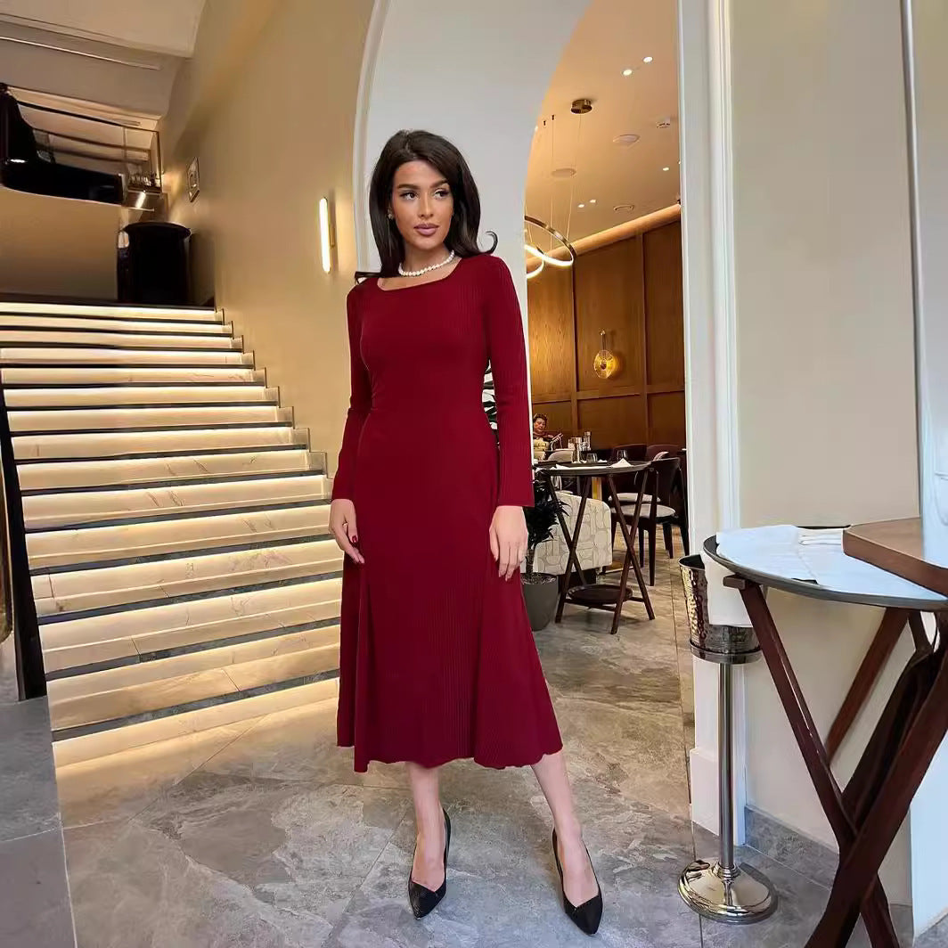 Fashionable Elegant Slim Fit Square Collar Long Sleeve A- Line Dress Women