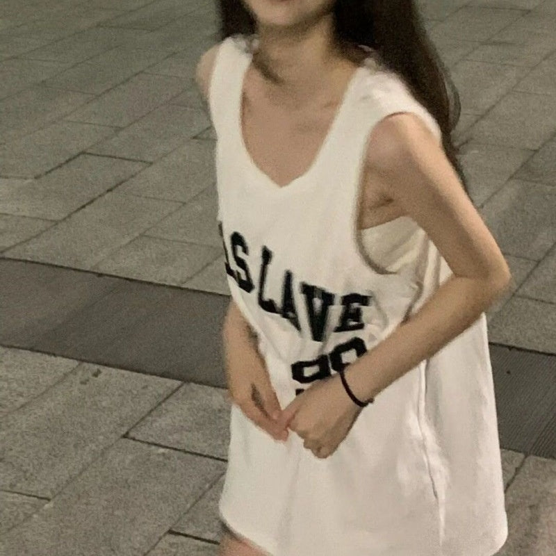 Long Vintage Letter Print Loose Sleeveless Sports Vest