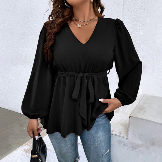 Women's V-neck Lantern Sleeve Slim Top
