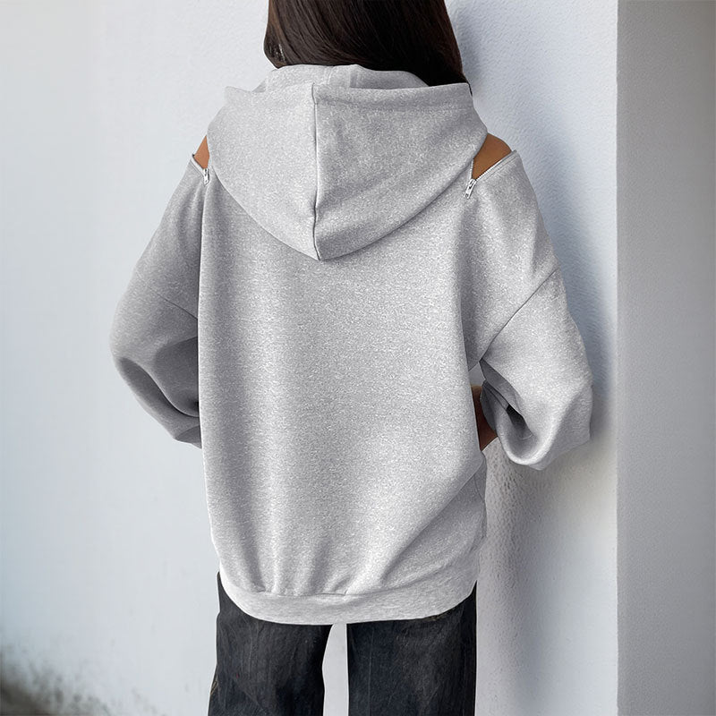 European And American Long Sleeve Drawstring Hooded Pullover Sweater Women's Solid Color High Grade Gray