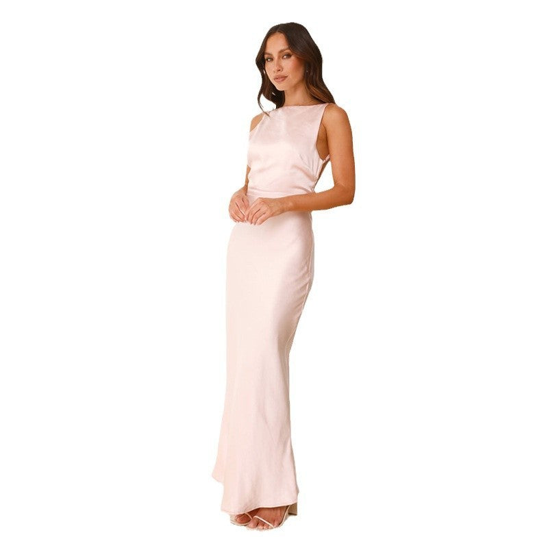 Women's Long Fishtail Skirt Solid Color Satin Sexy Backless Dress