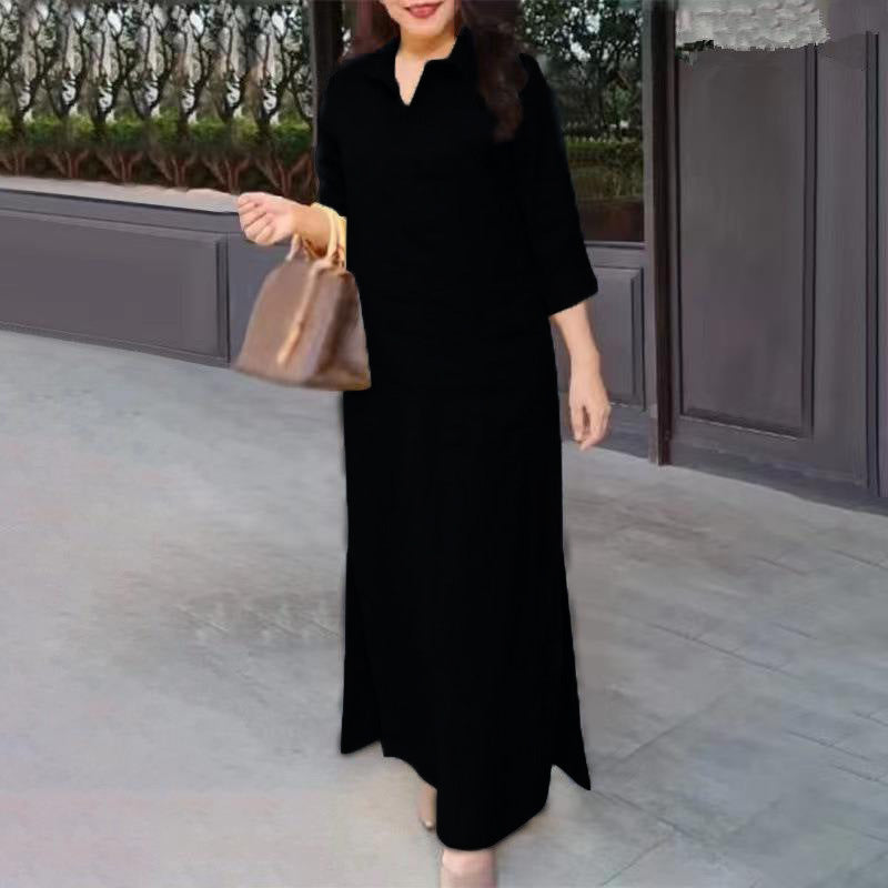 Solid Color Lapel Long Sleeve Simple Dress Women