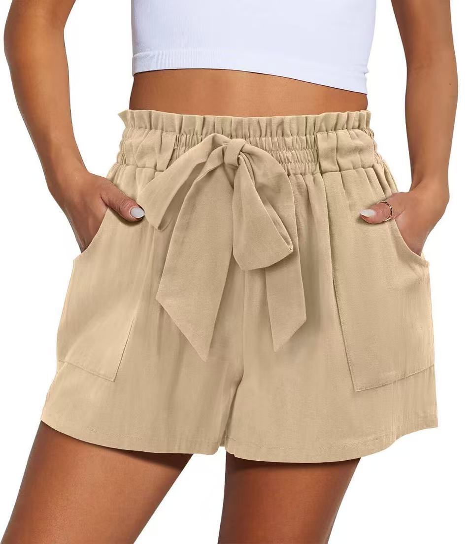 Summer New Elastic Waist Drawstring Knotted Short Solid Color Casual Women