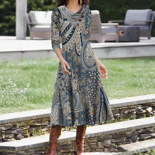 Overlapping Collar Mid-length Printed Dress