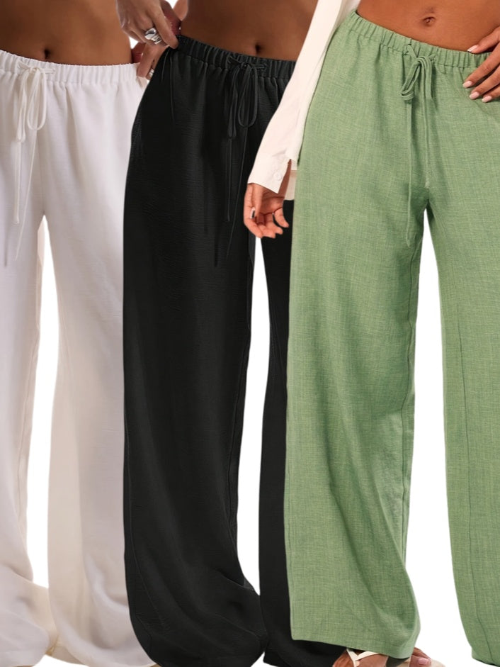 3pcs Holiday Textured Linen Feel Tie Waist Trouser
