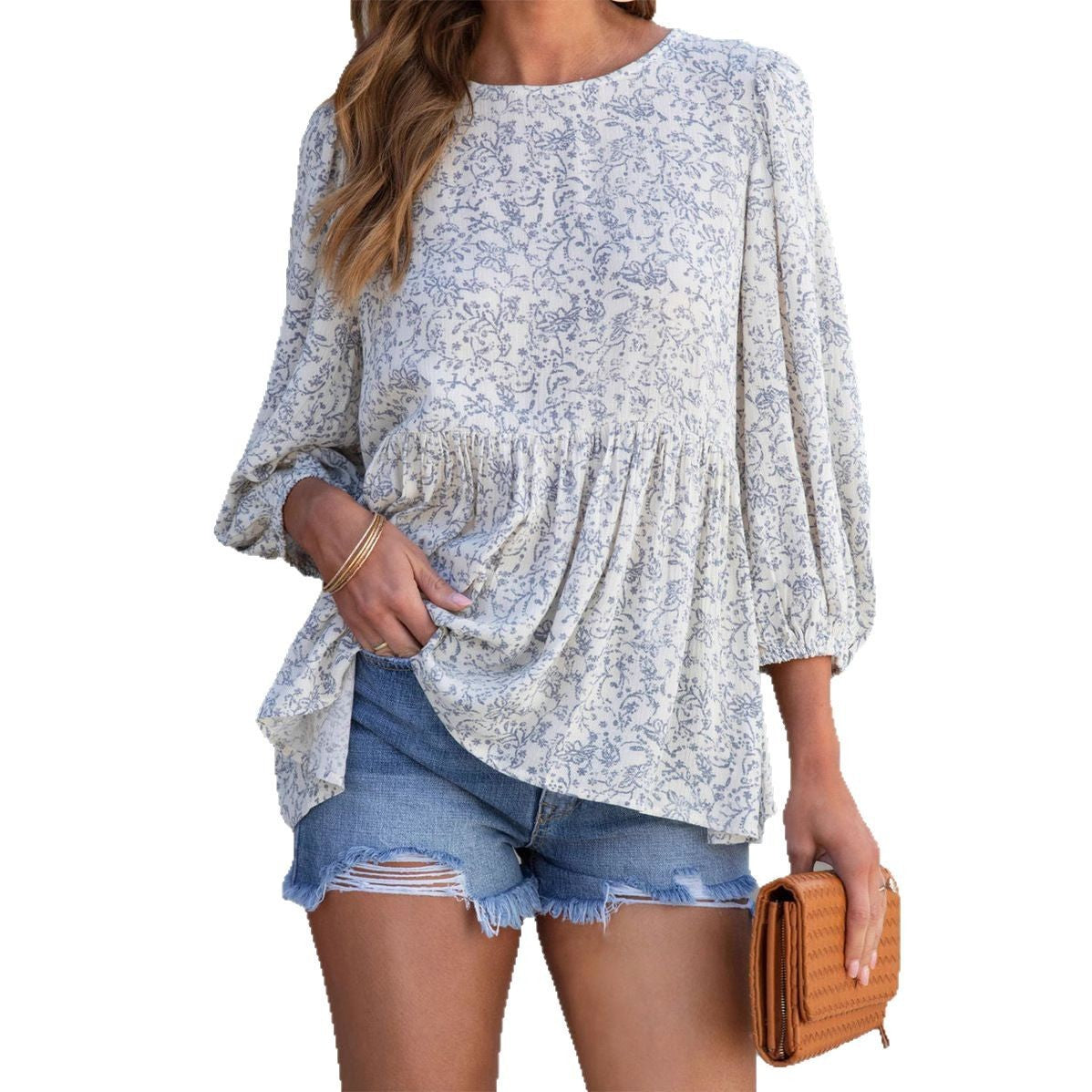 Digital Printing Small Floral Lantern Sleeve Short Sleeve Loose Casual Women's Clothing