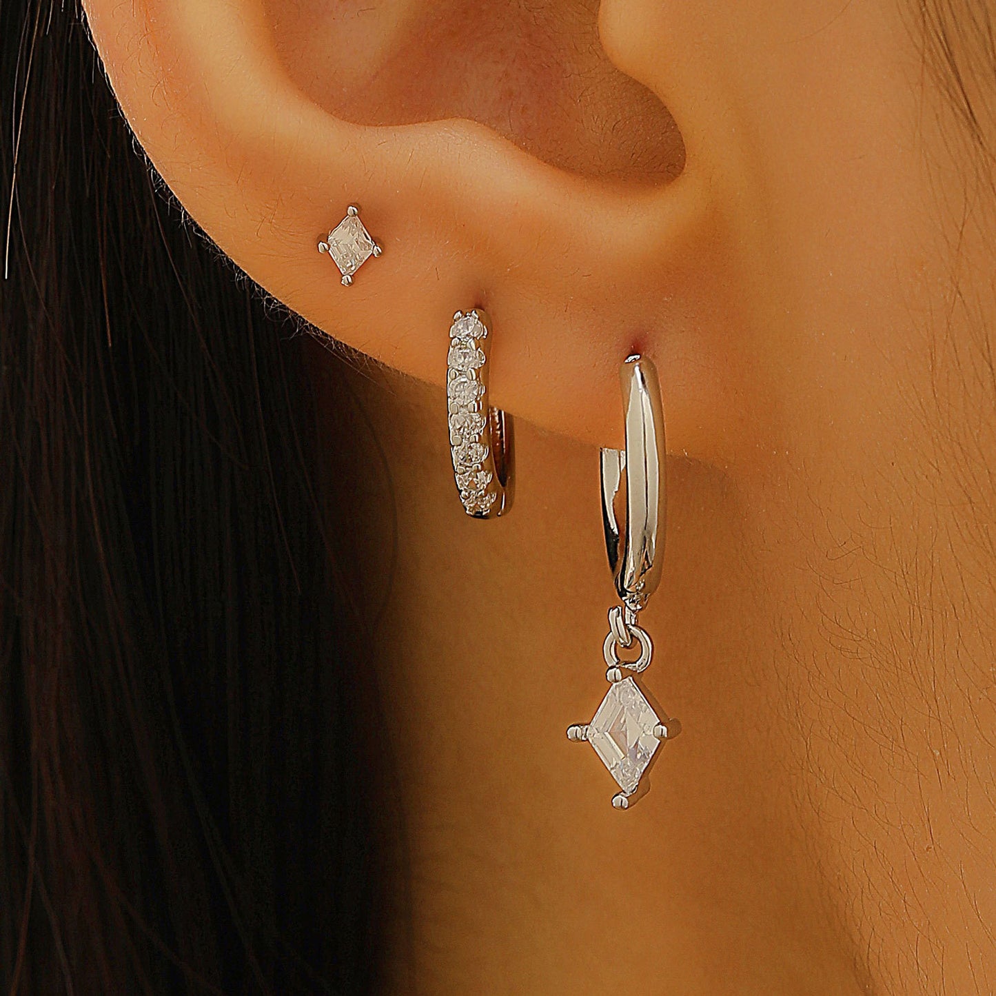 High Sense Inlaid Zircon Fashion Diamond Pendant Ear Ring Ear Clip Ear Studs Ladies Three-piece Set