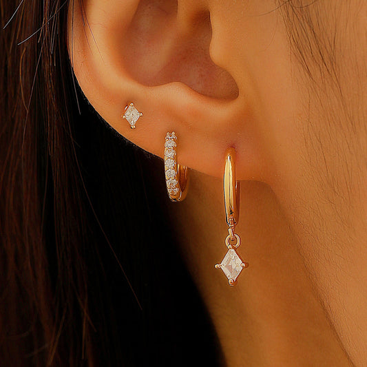 High Sense Inlaid Zircon Fashion Diamond Pendant Ear Ring Ear Clip Ear Studs Ladies Three-piece Set