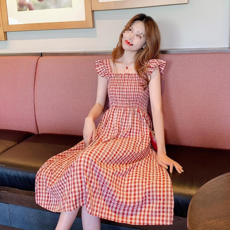 Cotton-containing Small Plaid Dress New Spring And Summer Sleeveless Suspender Skirt
