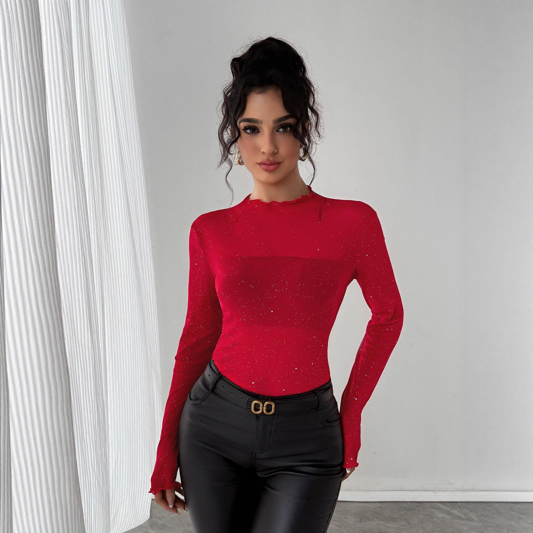 European And American Sequined Top Women's Slim-fit Long-sleeved Shiny Bling Commuter Top
