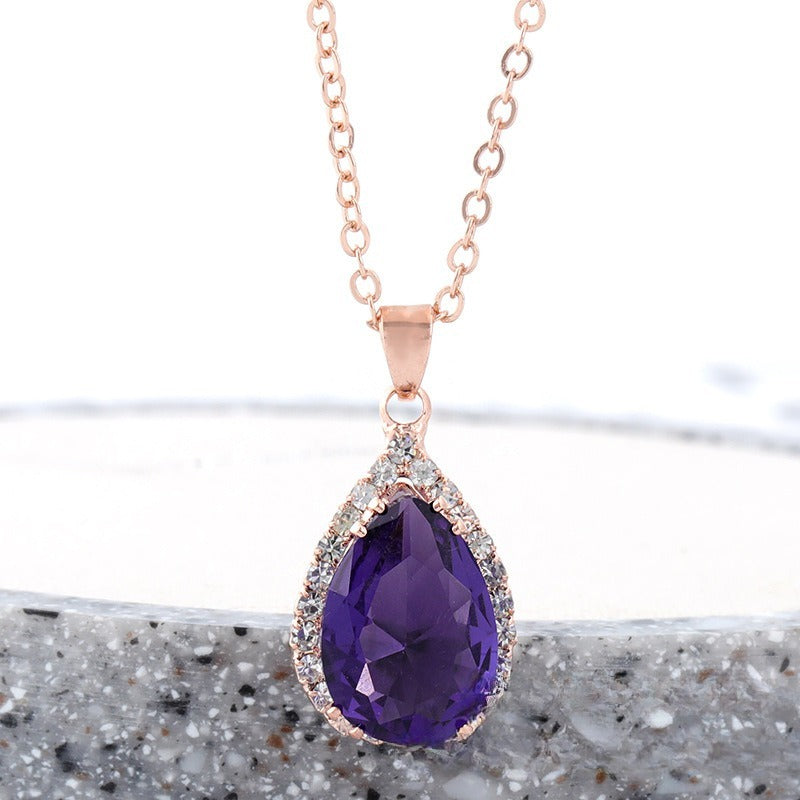 Water Drop Rose Gold Rhinestone Elegant Pink Color Necklace