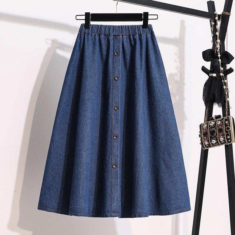 Plus Size Breasted Elastic Waist Blue Denim Skirt