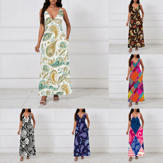 Ethnic Style Paisley Sexy Backless Slip Dress